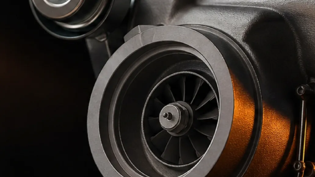 New diesel turbocharger turbine wheel close-up with one-year warranty